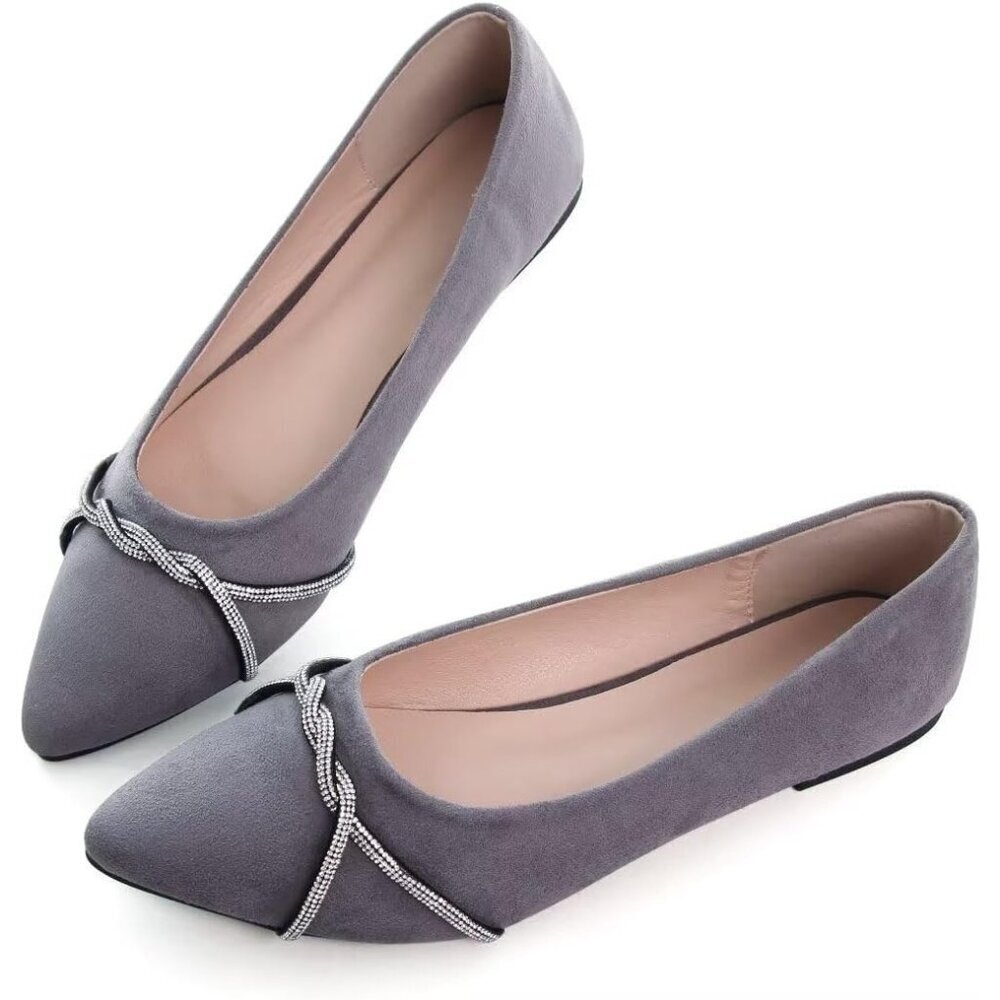 Women's Grey Casual Flats Fashion Chain Pointed Toe Ballet Flat Rhinestone - Picture 5 of 7